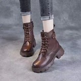 / Winter 2023 New Soft Leather Ankle Boots Female Retro British Thick Heel Thick Bottom Net Red Soft Leather And Velvet Medium Tube Martin