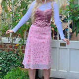 Floral Print Pink High Waist Midi Skirt Patchwork Mesh A Line Short Skirts Womens Summer Casual Kawaii