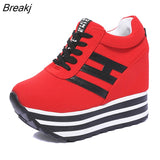 Flat Platform 9cm Height Increasing Casual Shoes Woman Fashion Hidden Wedge Sneakers Female Vulcanize Shoes Lace-up