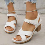Breakj Cross Band Thick Heel Roman Sandal Summer Flowers Plus Size Velcro Open Toe Mid Heel