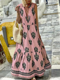 Elegant Printed Sleeveless Long Dress Boho Lady Casual Loose Lace Up Holiday Dress Summer Sexy Deep V Lace Big Swing Beach