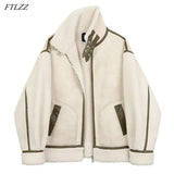 Winter Lambs Wool Splicing PU Leather Jacket Women Fur Collar Warm Thick Parkes Stand Collar Faux Lamb Loose Leather