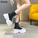 Women's High-top Canvas Black Boots 2022 Summer Heightening All-match Thick-soled Platform Shoes Leopard Print Lace-up