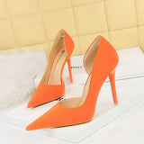 Breakj Simple Banquet High Heels With Shallow Mouth Pointed Side Hollow Out Vintage Lychee Grain High