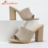 Platform Slipper For Women 2023 New Fashion Chunky Heel Knitted Wool Fashion Mules Sandals Walking Comfy