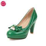 Fashion Pumps Women Round Toe Spike High Heels Slip On Bow Pearls Platform Patent Leather Sexy Party Club Shoes Ladies