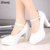 heels platform pumps mujer 2023 spring new fashion buckle solid black shoes woman PU leather waterproof shoes