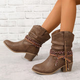 Breakj Mid-Clinity Fashion Boots Women Large-Size Retro Coarse And Folded Feet V Mouth Western