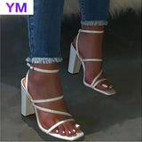 2021 Summer Ankle Strap Roman Square Heels Cross High Heels Women Sandals Sexy Peep Toe Sandals Women Shoes Party Shoes