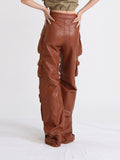Australian Temperament High-Waisted Casual Leather Pants 2025 Summer New Fashion Design Style Interface Bag Loose Worker Pants