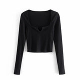 New Spring Women Square Collar Black Knitting Short T Shirt Casual Femme Long Sleeve Slim Crop Tops