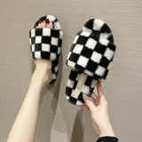 Spring Autumn Womans Slippers Fashion Chessboard Shoes Open Toes Checkerboard Shoes for Women Grid Flats Plaid Woman