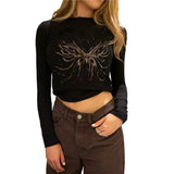 Y2K Grunge Fairycore Crop Tshirts Graphic Print Long Sleeves Slim Top Tee Crewneck Fashion Harajuku Cloth