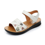 Women's Ladies Female Old Mother Non Slip Genuine Leather Shoes Sandals Platform Summer Cool Beach Flowers Ethnic