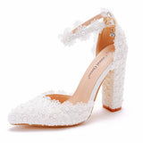 Breakj Lace Pointed Women's Singles Lace Wedding Dress Shoes Spring Thick Heel Sharp Sandals White Wedding Shoes