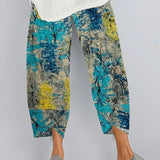 Fashion Loose Plus Size Elastic Waist Cropped Pants Casual Irregular Wide Leg Pants Multi-color Print Cotton Linen