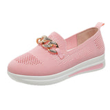 2023 New Large Size Women's Shoes Flying Woven Breathable Hollow Vamp Metal Chain Wedge Casual Single Shoes