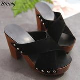 Size 35-40 High Heels Slippers Women's Platform Shoes Summer Block Heel Leather Black Slides Ladies Office Slippers