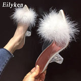 2022 New PVC shoes Woman Feather Transparent High heels Fur Pumps Slippers Women Peep toe Mules Lady Pumps Slides