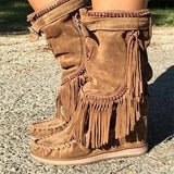 Boots Woman Pleated Tassel Mid-calf Boots Womens Sewing Footwear Buckle Leather High Heels Shoes Female Plus Size