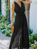 Fashion Solid Lace Up High Waist Sheer Party Dress Summer Chic Long Dress Women Summer 2022 Elegant V-Neck Sleeveless Long