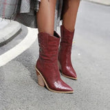 Classic Embroidered Western Cowboy Boots for Women Leather Cowgirl Boots High Heels Shoes Mid Calf Woman