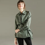 2021 Spring Autumn Lapel Faux Leather Jacket Women Green PU Coat Simplicity Loose Jackets Office Lady Outwear with
