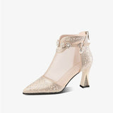 Breakj Korean Rhinestone Net Boots Women's Middle Heel Hollow Sandals Women's Thick Heel Back Zipper Women's Singles