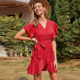 Summer Women Elegant Dot Print Mini Dresses Boho Ruffles Short Sleeve Sashes Dress Female V Neck A Line Chic Party