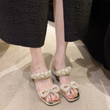New Fashion Summer Shoes Women Daily Party Club Pearls Beaded Rhinestone Bowknot Design Chunky Heel Sandals Sandalias