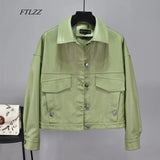 Women Green Faux Leather Jacket Batwing Sleeve Biker Coat Short Single Breasted Pu Motorcycle Loose Jacket