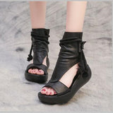 2022 New Summer Black Women Leather Sandals Cool Boots Platform Shoes Wedges Sandals Women Shoes Fashion Outdoor