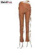 Puss Women Faux Leather Pants Skinny Sling High Waist Pencil Pants Asymmetry Solid Chic Tight Trouser Fall 2021