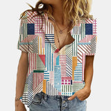 Women Elegant Office Simple Turn-down Collar Cartoon Print Casual Shirt Fashion Summer Short Sleeves Button Cardigan