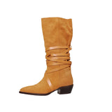 On Med Calf Boots Woman Simple Pleated Shoes Cow Suede INS Hot Botas Korea Cross-Tied Spring Autumn Woman Boots Pointed