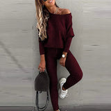 Sportswear Women Fashion Casual Solid Fit One Shoulder Top Long Pants Set Long Sleeve Top & High Waist Drawstring Pants
