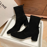 Comfortable ~2023 New Thick Heel Elastic Suede Thin Boots Versatile Korean Version Of High