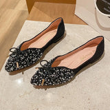 Spring Lace Bowknot Flats Women Glitter Crystal&Beads Ballets Shoes Ladies Pointed Toe Loafers Dress Slip On Moccasins