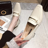 The Spring Of 2024, The New Korean Version Of Square-Headed Metal Thick Heels With One Foot Set And Single Shoes, Women's Beans Casual