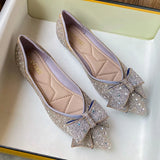 Woman Bowknot Shoes Glitter Sequin Flats Crystal Ballerina Chaussure Femme Pointy Toe Loafers Ladies Office Dress