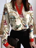 Women 2022 Spring Elegant V-Neck Blouse Popular Vintage Flowers Print Slim Shirt Autumn Office Ladies Fashion Long Sleeve