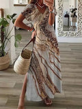2022 New Casual Holiday Dress Summer Fashion Printed Short Sleeve Loose Dress Women Chic V-neck Split Long Skirt Dress