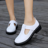 Thick Heels Pumps Shoes Black White Genuine Leather Velcro Mary Janes Wedge Platform Round Toe Lolita Nurse Female