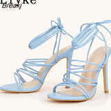 2023 Summer Blue Pink Women Thong Sandals Fashion Ankle Strappy High Heels Square Toe Lace-Up Party Dress Shoes Size
