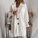 Solid Color Lapel Thick Coat Fall Winter Fashion Mid-length Buttons Cardigan Coat Elegant Office Lady Warm New Loose