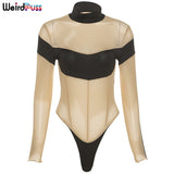 Puss 2021 Sexy Mesh Patchwork Bodysuits Women Long Sleeve Skinny Stretchy Club Fashion Bodycon See Through Summer Wild