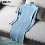autumn winter midi sweater dress women staight knit short dress highneck dress female slim sweater bodycon warm