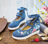 Breakj White Sole Embroidered Cloth Shoes High Heel Slope Canvas Embroidered Women's Singles Shoes Lace Retro National Style Cloth