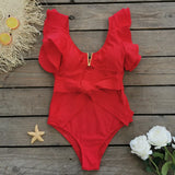 Solid-Color One-Piece Swimsuit Women 2025 New All-In-One Lotus Edge Hollow Air Pressure Line