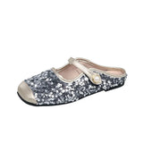 Semi-Slippers Women's 2024 Summer New French Sequins Temperament Square Head Soft-Soled Single Shoes Wear Sandals And